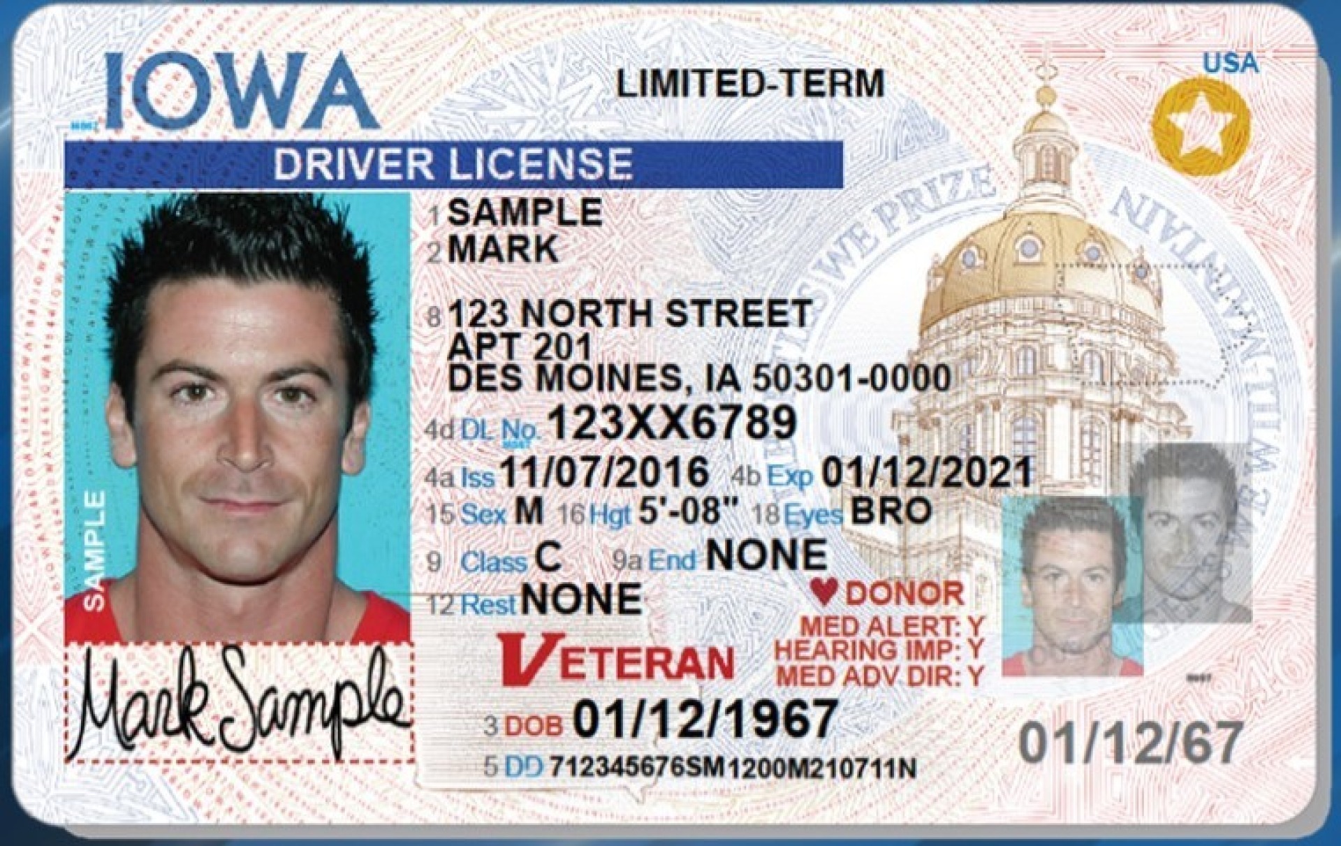 Example of an Iowa drivers license with Veteran designation.